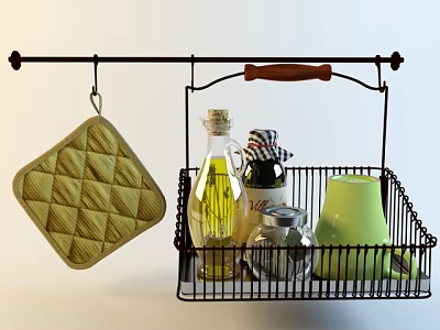 Spice Bottles Stored In Metal Basket On Black Hanging Rack With Yellow Pot Holder 3d model