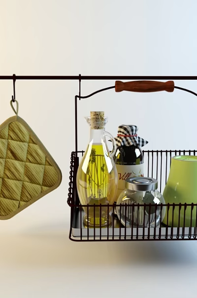 Spice Bottles Stored In Metal Basket On Black Hanging Rack With Yellow Pot Holder 3d model