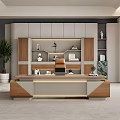 Modern Wooden Office Desk with Leather Chair Laptop Marble Wall Cabinet and Green Plant