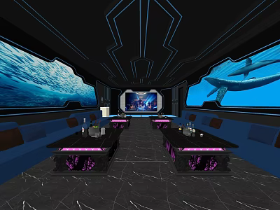 Modern KTV Interior With Ocean Theme Large Screens Tables Pink Lighting And Marble Floor 3d model