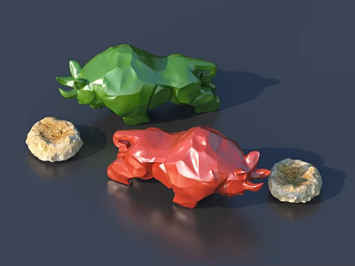 Colorful Decorative Ornament Set With Green And Red Bull Shaped Figurines And Stone Like Decorative Pieces 3d model