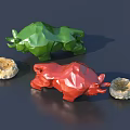 Colorful Decorative Ornament Set With Green And Red Bull Shaped Figurines And Stone Like Decorative Pieces