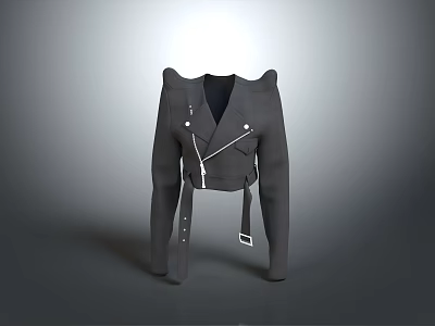 Black Cropped Leather Jacket With Epaulettes Zipper And Belt Buckle Design Details 3d model