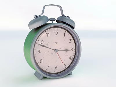 Green Alarm Clock with Double Bells White Dial Black Numbers Metal Handle and Base 3d model