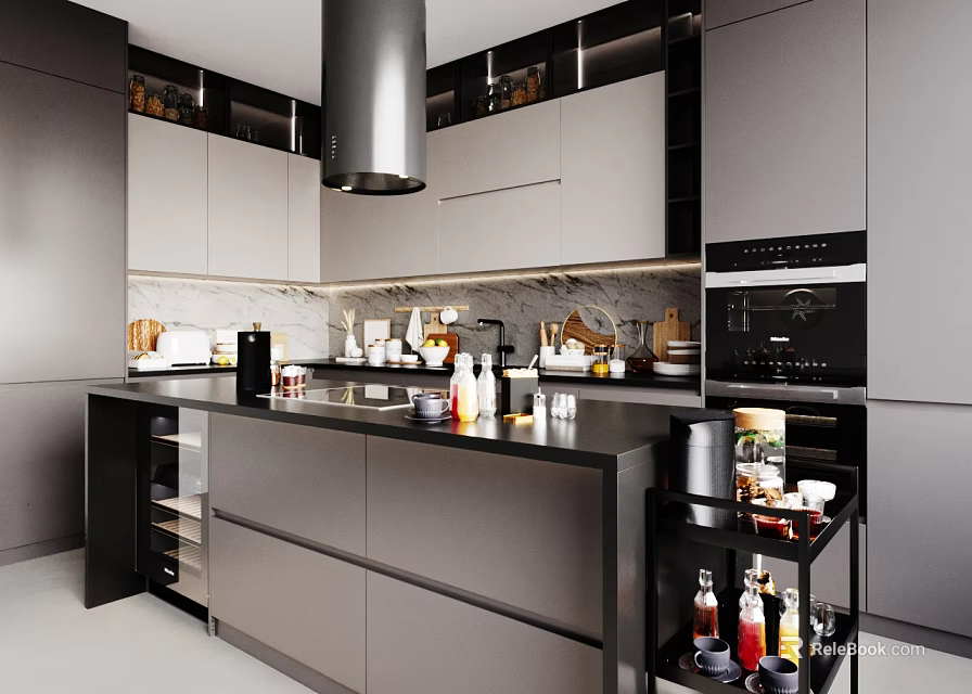 Modern Kitchen Interior With Gray Cabinets Island Black Countertop And Stainless Steel Appliances 3d model 