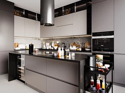 Modern Kitchen Interior With Gray Cabinets Island Black Countertop And Stainless Steel Appliances 3d model