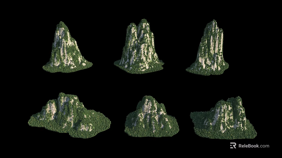 Six Unique Shapes Of Lush Green Vegetation Covered Steep Rocky Mountain Natural Landscape 3d model 