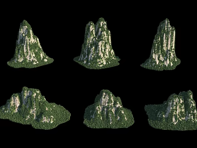 Six Unique Shapes Of Lush Green Vegetation Covered Steep Rocky Mountain Natural Landscape 3d model