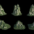 Six Unique Shapes Of Lush Green Vegetation Covered Steep Rocky Mountain Natural Landscape