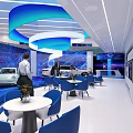 Modern Exhibition Hall Interior Design With White Car Display And Blue Tech Elements 3d model