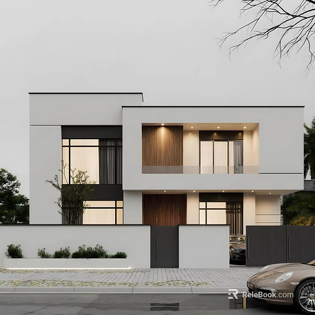 Modern Detached Villa White Exterior With Wooden Accents Large Windows And Front Landscaping 3d model 