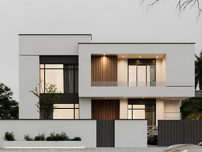 Modern Detached Villa White Exterior With Wooden Accents Large Windows And Front Landscaping 3d model