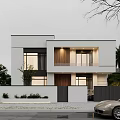 Modern Detached Villa White Exterior With Wooden Accents Large Windows And Front Landscaping