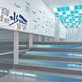 Water Themed Exhibition Hall Interior With Droplet Patterned Walls Blue Ceiling And Stairs