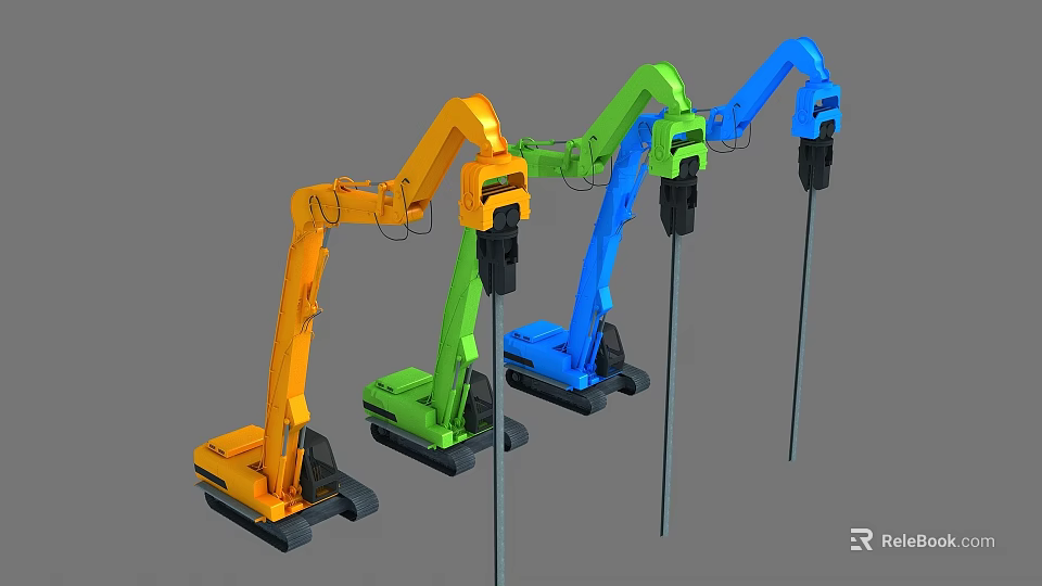 Multi Colored Utility Vehicles With Mechanical Arms And Lifting Structures 3d model