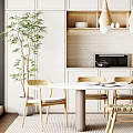 Modern Dining Table Set with Wooden Chairs Pendant Lights Plants and White Cabinets