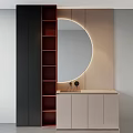 Minimalist Bathroom Vanity With Round Backlit Mirror Open Shelves And Light Cabinets