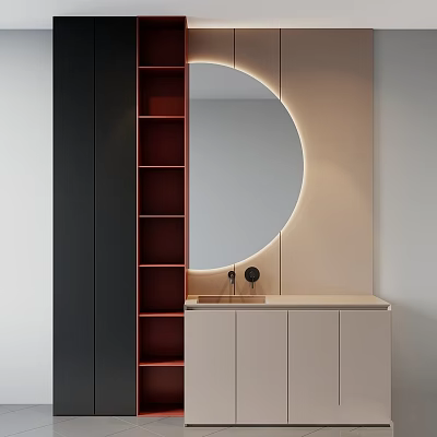 Minimalist Bathroom Vanity With Round Backlit Mirror Open Shelves And Light Cabinets 3d model