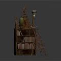 Vintage Wooden Bookshelf With Decorative Spire Top Side Ladder And Stacked Books