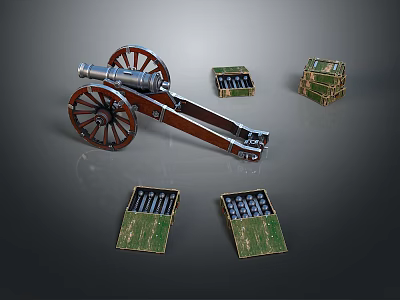 Vintage Cannon Weapon with Wooden Wheels and Ammunition Boxes on Dark Background 3d model