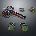 Vintage Cannon Weapon with Wooden Wheels and Ammunition Boxes on Dark Background
