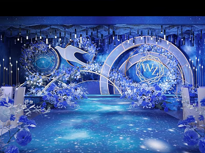Starry Blue Theme Banquet Hall Interior Design With Arched Decorations And Flower Arrangements 3d model