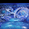 Starry Blue Theme Banquet Hall Interior Design With Arched Decorations And Flower Arrangements