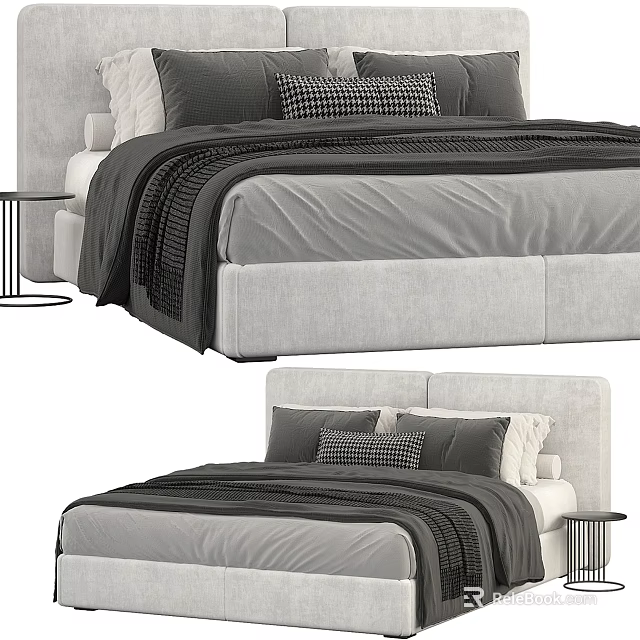 Modern Double Bed With Upholstered Headboard Gray Black Bedding And Nightstand 3d model 