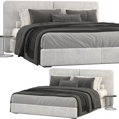 Modern Double Bed With Upholstered Headboard Gray Black Bedding And Nightstand 3d model