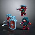 Pixelated Man Game Characters With Sword Shield Gun Arrows And Hooded Armor In Action Poses