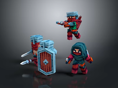 Pixelated Man Game Characters With Sword Shield Gun Arrows And Hooded Armor In Action Poses 3d model