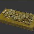 Various Ceramic Sculptures In Different Shapes Sizes Arranged On Textured Display Platform With Earth Tones