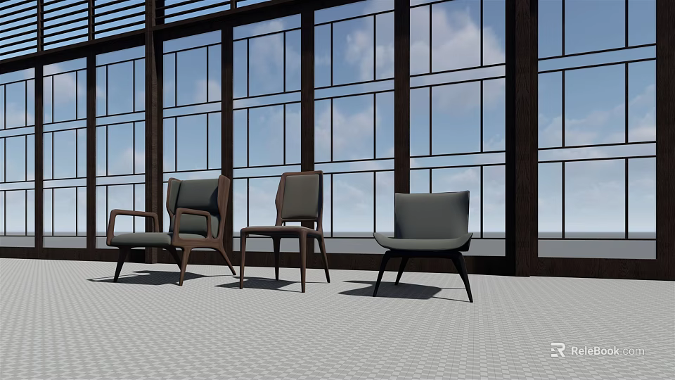 Modern Leisure Chairs in Bright Room With Large Windows Blue Sky And Clouds Background 3d model 