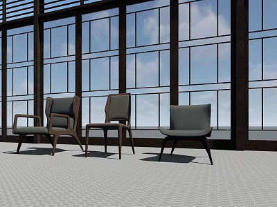 Modern Leisure Chairs in Bright Room With Large Windows Blue Sky And Clouds Background 3d model
