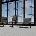 Modern Leisure Chairs in Bright Room With Large Windows Blue Sky And Clouds Background