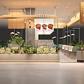 Modern Restaurant Interior With Warm Lighting Round Food Posters Green Plants And Tables