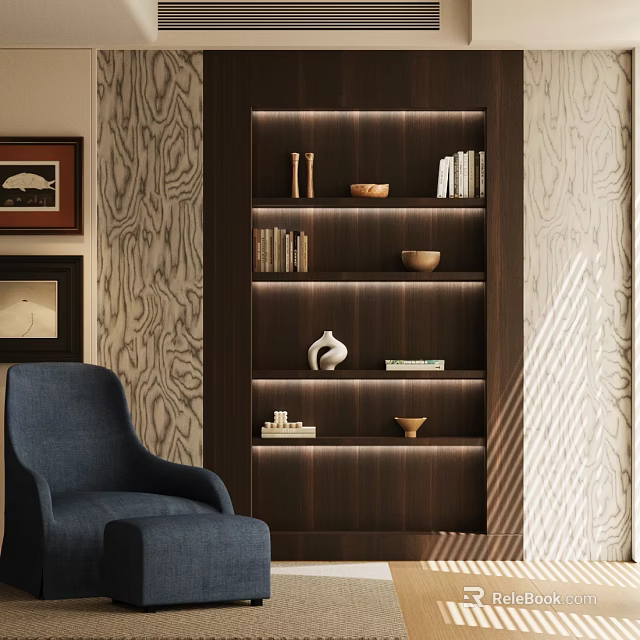 Elegant Modern Study Room Interior With Wooden Bookshelf Blue Armchair And Decorative Items 3d model 
