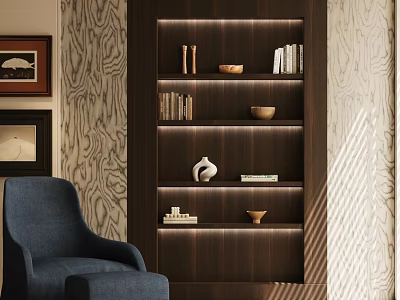 Elegant Modern Study Room Interior With Wooden Bookshelf Blue Armchair And Decorative Items 3d model