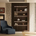 Elegant Modern Study Room Interior With Wooden Bookshelf Blue Armchair And Decorative Items