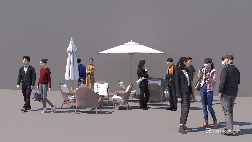 Outdoor Café Patio Table Chair Set With White Umbrella And People Around 3d model 