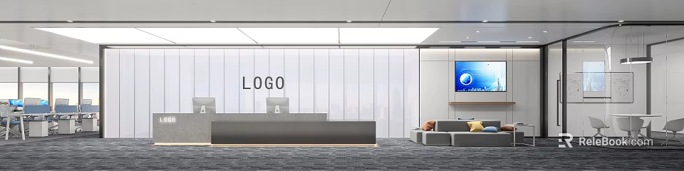 Modern Office Reception Area With Front Desk LOGO Display And Sofa Seating 3d model