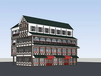 Traditional Timber Frame Multi Storey Commercial Complex With Arched Windows And Red Doors 3d model