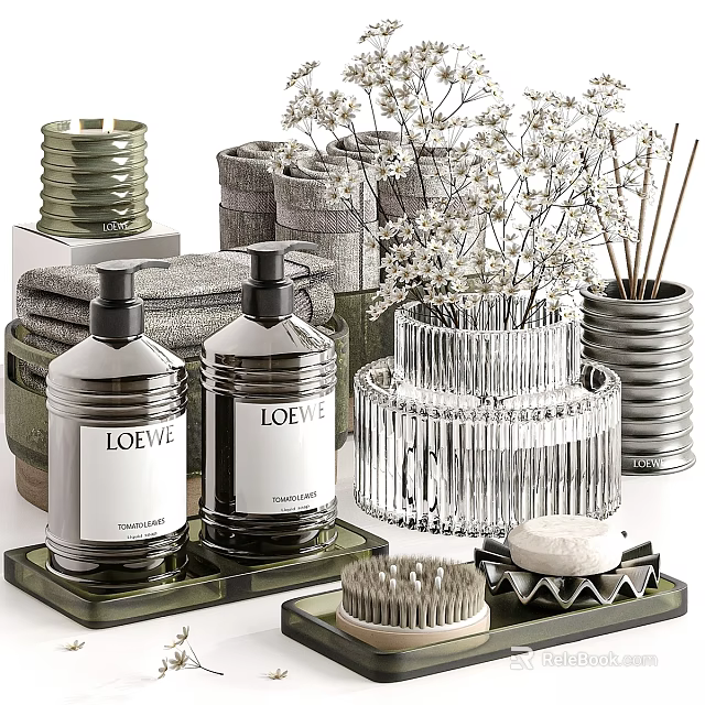 Premium Bathroom Washing Essentials With Hand Soap Bottles Towels Glass Containers And Soap Bar 3d model 