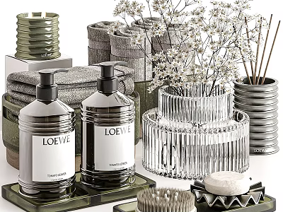 Premium Bathroom Washing Essentials With Hand Soap Bottles Towels Glass Containers And Soap Bar 3d model