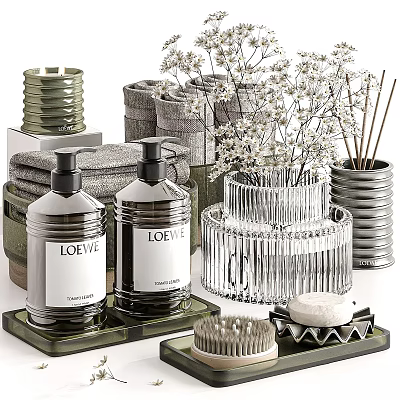 Premium Bathroom Washing Essentials With Hand Soap Bottles Towels Glass Containers And Soap Bar 3d model