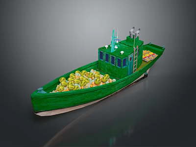 Green Cargo Boat Filled With Yellow Goods With Cabin Ladder And Antennas On Deck 3d model