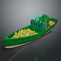 Green Cargo Boat Filled With Yellow Goods With Cabin Ladder And Antennas On Deck