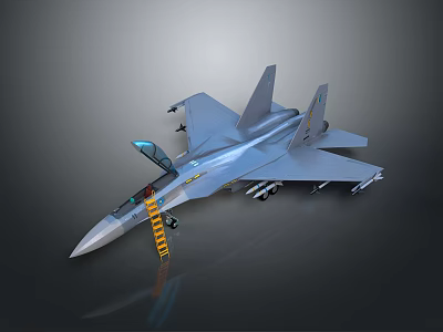 Blue Fighter Jet Featuring Transparent Cockpit Yellow Boarding Ladder Weapons Under Wings And Gray Background 3d model