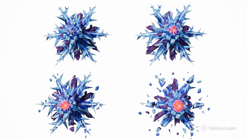 Blue Purple Red Snowflake Shaped Pendant With Central Red Accent And Scattered Fragments 3d model 