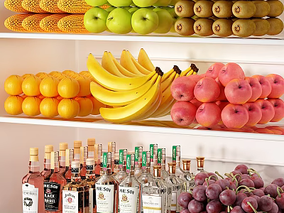 Colorful Fresh Fruits Neatly Arranged With Green Apples Bananas Oranges And Purple Grapes On Shelves 3d model